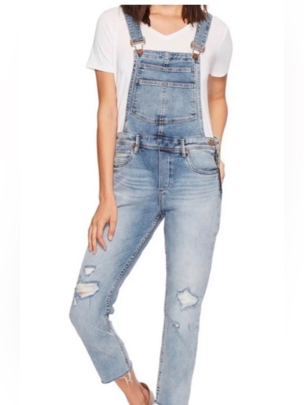 Blank NYC Slim Girlfriend Distressed Light Wash Denim Overalls Raw Hem Size 30